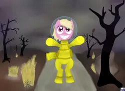 Size: 800x587 | Tagged: safe, artist:restartbob, deleted from derpibooru, derpibooru import, oc, oc:puppysmiles, unofficial characters only, earth pony, pony, fallout equestria, fanfic, bipedal, dead tree, fanfic art, female, filly, hazmat suit, hooves, looking at you, rock, smiling, solo, teeth, tree, wasteland