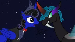 Size: 1363x768 | Tagged: safe, artist:primefighterque, derpibooru import, changeling queen oc, oc, oc:obsidian, oc:queen aquarius, unofficial characters only, alicorn, changeling, changeling queen, pony, alicorn oc, changeling oc, female, sombra eyes