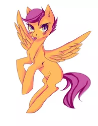 Size: 1024x1312 | Tagged: safe, artist:headphonehijack, derpibooru import, scootaloo, pegasus, pony, :p, blank flank, blushing, female, filly, flying, solo, tongue out