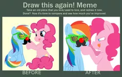 Size: 784x494 | Tagged: artist:coggler, comparison, derpibooru import, draw this again, glasses, groucho mask, mousdash, moustache, pinkie pie, rainbow dash, red nose, safe