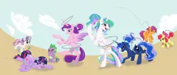 Size: 2100x900 | Tagged: safe, artist:crazypurplebat, artist:kp-shadowsquirrel, derpibooru import, apple bloom, princess cadance, princess celestia, princess luna, scootaloo, spike, sweetie belle, twilight sparkle, twilight sparkle (alicorn), alicorn, pony, :o, :p, alternate hairstyle, balancing, bipedal, cute, cutelestia, cutie mark crusaders, drink, female, floppy ears, frown, grin, grumpy, hoof hold, ice cream, loop-de-hoop, magic, mare, missing accessory, moonbutt, plot, ponytail, stopwatch, tongue out, unamused, watching, whistle