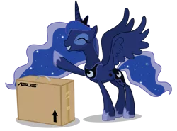 Size: 2203x1631 | Tagged: artist:flare-chaser, asus, box, cardboard box, computer, derpibooru import, eyes closed, gamer luna, grin, happy, pc, princess luna, safe, simple background, smiling, solo, spread wings, transparent background, vector