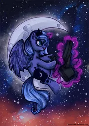 Size: 566x800 | Tagged: artist:madblackie, crescent moon, derpibooru import, filly, gamer luna, magic, moon, princess luna, s1 luna, safe, solo, tangible heavenly object, transparent moon, woona