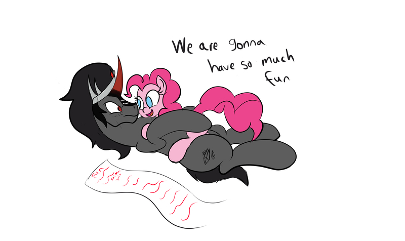 Size: 2920x1739 | Tagged: safe, artist:frikdikulous, derpibooru import, king sombra, pinkie pie, earth pony, pony, unicorn, colored, colored horn, crown, cuddling, curved horn, dialogue, duo, female, helmet, horn, image, jewelry, jpeg, king sideburns, list, male, mare, regalia, shipping, simple background, snuggling, sombra horn, sombra's cutie mark, sombra's horn, sombrapie, stallion, straight, text