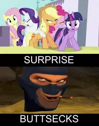 Size: 634x805 | Tagged: a canterlot wedding, ahegao, applejack, caption, derpibooru import, edit, edited screencap, fluttershy, mane six, pinkie pie, rarity, screencap, spy, suggestive, surprise buttsex, team fortress 2, twilight sparkle