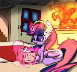 Size: 1280x1206 | Tagged: safe, artist:madacon, derpibooru import, twilight sparkle, twilight sparkle (alicorn), alicorn, pony, cute, female, fire, headphones, irony, mare, reading, solo, this will end in fire, twiabetes