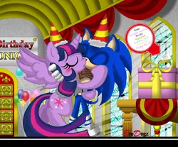 Size: 1042x863 | Tagged: safe, artist:brodogz, derpibooru import, twilight sparkle, twilight sparkle (alicorn), alicorn, pony, background pony strikes again, balloon, birthday, commission, crossover, crossover shipping, female, image, ironic twist, jpeg, kissing, male, mare, present, shipping, sonic boom, sonic the hedgehog, sonic the hedgehog (series), straight, twisonic