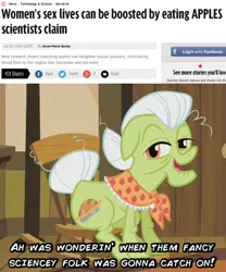 Size: 410x492 | Tagged: suggestive, derpibooru import, edit, edited screencap, screencap, granny smith, earth pony, pony, apple, female, mare, news report, obligatory pony, sex joke, sexuality, solo, text, website