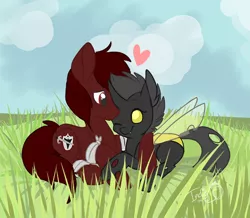 Size: 500x435 | Tagged: source needed, safe, artist:indiefoxtail, derpibooru import, oc, oc:steel soul, oc:vanilla the changeling, unofficial characters only, changeling, earth pony, pony, changeling oc, cuddling, female, male, snuggling, stallion, yellow changeling