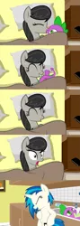 Size: 1049x2942 | Tagged: suggestive, artist:titanium-pony, derpibooru import, octavia melody, spike, vinyl scratch, dragon, earth pony, unicorn, bed, comic, female, foalcon, implied cunnilingus, implied oral, implied sex, kissing, love, male, mare, shipping, spike gets all the mares, spiketavia, surprised, wide eyes