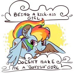 Size: 892x879 | Tagged: artist:pizzakladd, artist:pizzkladd, banner, derpibooru import, feminist ponies, mouthpiece, positive ponies, rainbow dash, safe, solo, subversive kawaii