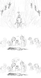 Size: 924x1764 | Tagged: safe, artist:nobody, derpibooru import, applejack, fluttershy, pinkie pie, rainbow dash, rarity, twilight sparkle, twilight sparkle (alicorn), oc, oc:anon, alicorn, human, pegasus, pony, unicorn, ..., :t, black and white, chubby, comic, death, dialogue, elements of harmony, female, frown, grayscale, gritted teeth, mane six, mare, monochrome, open mouth, simple background, sitting, white background, wide eyes