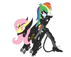 Size: 2500x1986 | Tagged: safe, artist:e-e-r, derpibooru import, fluttershy, rainbow dash, equestria girls, bladewolf, crossover, konami, metal gear, metal gear rising, metal gear solid, raiden, simple background, transparent background