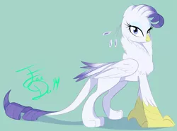 Size: 2161x1610 | Tagged: safe, artist:farewelldecency, deleted from derpibooru, derpibooru import, rarity, gryphon, green background, griffonized, looking at you, my little griffon, signature, simple background, solo, species swap