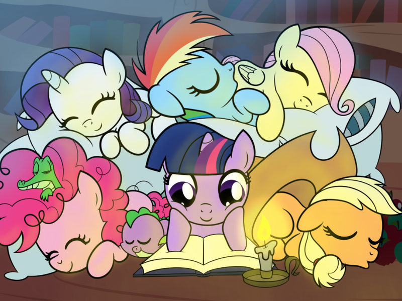 Size: 1109x831 | Tagged: safe, artist:drawponies, derpibooru import, applejack, fluttershy, gummy, pinkie pie, rainbow dash, rarity, spike, alligator, dragon, earth pony, pegasus, pony, unicorn, apple, applejack's hat, baby, baby dragon, baby spike, book, bookshelf, candle, cowboy hat, cuddle puddle, cuddling, cute, dashabetes, diabetes, diapinkes, drawponies is trying to murder us, eyes closed, female, filly, friendship, golden oaks library, hat, jackabetes, male, mane seven, mane six, pillow, raribetes, reading, shyabetes, sleeping, sleepover, smiling, spikabetes, stetson, twiabetes, weapons-grade cute