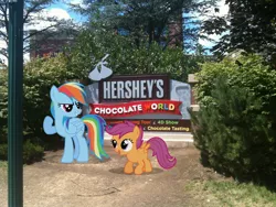 Size: 2048x1536 | Tagged: artist:anxet, artist:dreamcasterpegasus, building, derpibooru import, hershey kisses, irl, park, pennsylvania, photo, ponies in real life, rainbow dash, safe, scootaloo, shrub, sign, tree, vector