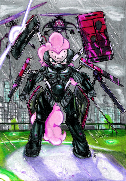 Size: 1200x1717 | Tagged: safe, artist:mrzash, derpibooru import, pinkie pie, armor, bipedal, crossover, helicopter, konami, metal gear, metal gear rising, shield, sundowner, sword, weapon