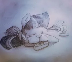 Size: 1280x1089 | Tagged: artist:pw211, book, cute, derpibooru import, eyes closed, filly, filly twilight sparkle, frown, lantern, monochrome, safe, sleeping, solo, traditional art, twiabetes, twilight sparkle