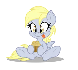 Size: 3548x3187 | Tagged: safe, artist:dfectivedvice, artist:gladosthepotatopony, derpibooru import, derpy hooves, :p, colored, cute, derpabetes, filly, happy, muffin, simple background, solo, tongue out, transparent background, underhoof, vector