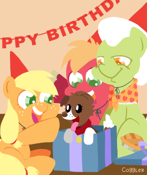 Size: 600x711 | Tagged: safe, artist:coggler, derpibooru import, applejack, big macintosh, granny smith, winona, earth pony, pony, birthday, colt, filly, male, origin, present, puppy, stallion