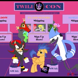 Size: 900x900 | Tagged: safe, artist:brodogz, derpibooru import, derpy hooves, flash sentry, twilight sparkle, twilight sparkle (alicorn), oc, alicorn, human, pony, bag, commission, convention, crossover, female, imminent murder, mare, mordecai, regular show, shadow the hedgehog, sonic the hedgehog (series)