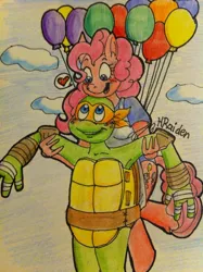 Size: 500x669 | Tagged: anthro, artist:hraiden, crossover, derpibooru import, michelangelo, pinkey, pinkie pie, safe, teenage mutant ninja turtles, tmnt 2012, traditional art