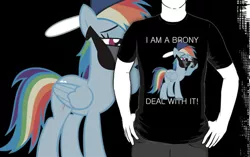 Size: 556x350 | Tagged: artist:kuzcorish, backwards ballcap, baseball cap, brony, clothes, deal with it, derpibooru import, glasses, hat, merchandise, rainbow dash, redbubble, safe, shirt, solo, sunglasses, text