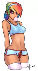 Size: 359x667 | Tagged: artist:doxy, belly button, breasts, bubblegum, busty rainbow dash, clothes, curvy, derpibooru import, edit, female, human, humanized, midriff, rainbow dash, shorts, solo, solo female, sports bra, suggestive