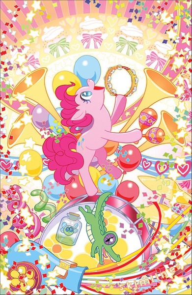 Size: 550x843 | Tagged: safe, artist:skimlines, derpibooru import, gummy, pinkie pie, parasprite, balancing, ball, balloon, confetti, cymbals, daily deviation, drums, happy, jar, maracas, musical instrument, open mouth, party cannon, streamers, tambourine