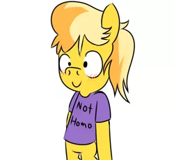 Size: 1200x1100 | Tagged: safe, artist:irunekagi, derpibooru import, braeburn, pony, bipedal, blushing, clothes, no homo, not gay, shirt, solo, truth