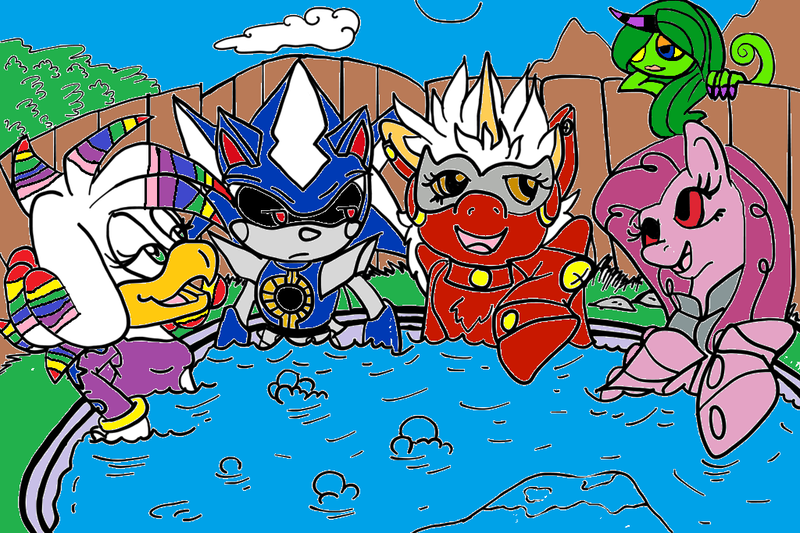 Size: 1024x682 | Tagged: safe, artist:candiphoenixes, artist:devious-discord-rp, derpibooru import, oc, oc:alicor psycho pie, unofficial characters only, zeti, 1000 hours in ms paint, crossover, hot springs, image, metal, metal sonic, ms paint, neo metal sonic, png, solo, sonic lost world, sonic the hedgehog, sonic the hedgehog (series), zeena