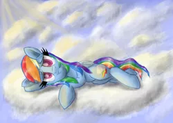 Size: 1754x1240 | Tagged: artist:manfartwish, cloud, cloudy, derpibooru import, looking at you, on a cloud, rainbow dash, safe, side, solo