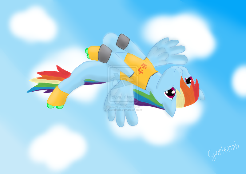 Size: 1600x1131 | Tagged: artist:gorlenah, beat, cosplay, crossover, derpibooru import, flying, jet set radio, rainbow dash, safe, solo, watermark