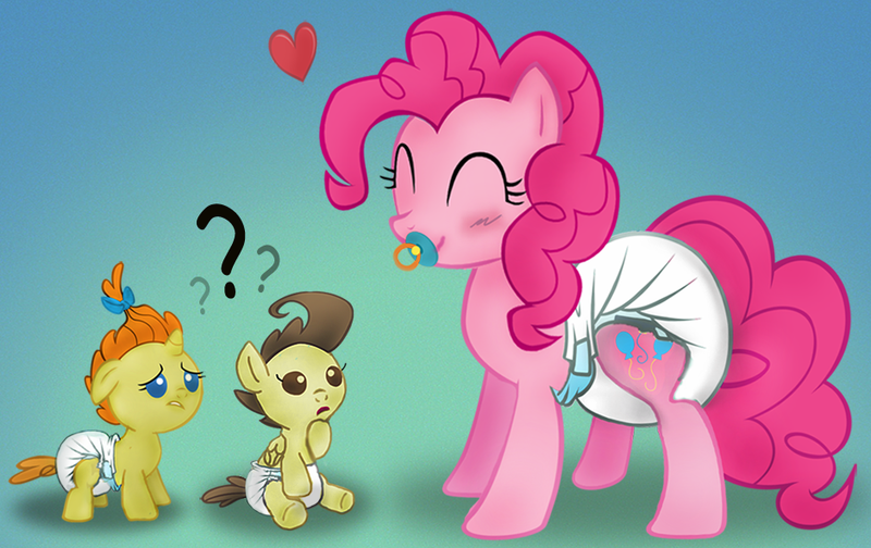 Size: 939x592 | Tagged: adult foal, artist:fillyscoots42, cake twins, diaper, diaper fetish, heart, pacifier, pinkie pie, poofy diaper, pound cake, pumpkin cake, questionable