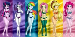 Size: 1344x674 | Tagged: suggestive, artist:ratachu666, derpibooru import, applejack, fluttershy, pinkie pie, rainbow dash, rarity, twilight sparkle, equestria girls, absolute cleavage, adorasexy, barefoot, belly button, bikini, bra, breasts, cleavage, clothes, cropped, cute, feet, female, females only, humane five, humane six, lingerie, lips, lipstick, mane six, needs more jpeg, no drama, panties, raribetes, sexy, stockings, swimsuit, underwear