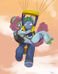 Size: 1900x2400 | Tagged: anthro, artist:alasou, bridal carry, clothes, derpibooru import, falling, female, flying, glasses, jumpsuit, male, oc, oc:software patch, oc:windcatcher, parachute, safe, skydiving, straight, unofficial characters only, windpatch