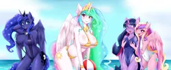 Size: 4860x2000 | Tagged: absolute cleavage, alicorns only, alicorn tetrarchy, anthro, artist:mleonheart, bad touch, beach, beach ball, belly button, big breasts, bikini, blushing, breast grab, breasts, busty princess celestia, busty princess luna, busty twilight sparkle, cleavage, clothes, cute, cutedance, cutelestia, dead source, derpibooru import, erect nipples, female, females only, grin, grope, high-cut clothing, implied lesbian, lesbian, looking at you, lunabetes, nipple outline, one-piece swimsuit, open-back swimsuit, open mouth, personal space invasion, princess cadance, princess celestia, princess luna, shipping, sideass, sling bikini, smiling, suggestive, sweet dreams fuel, swimsuit, true love princesses, twiabetes, twidance, twilight sparkle, twilight sparkle (alicorn), wide eyes