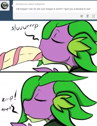 Size: 612x792 | Tagged: suggestive, artist:inuyuru, derpibooru import, spike, anthro, ask spines, 2 panel comic, :p, banana, bananajob, barb, comic, deepthroat, eyes closed, implied blowjob, implied oral, implied sex, licking cock, long tongue, not porn, rule 63, smiling, tongue out
