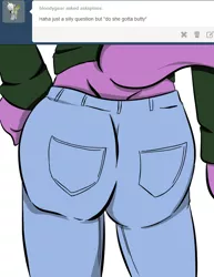 Size: 612x792 | Tagged: suggestive, artist:inuyuru, derpibooru import, spike, anthro, ask spines, ass, barb, butt, clothes, dragonbutt, female, image, jeans, png, rule 63, solo, solo female, the ass was fat