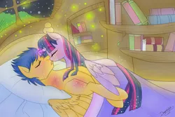 Size: 1024x685 | Tagged: suggestive, artist:dragonfoxgirl, derpibooru import, flash sentry, twilight sparkle, twilight sparkle (alicorn), alicorn, pony, bed, blushing, bruised, crying, cute, eyes closed, female, flashlight, hug, injured, kissing, magic, male, mare, on back, open mouth, prone, sad, scar, shipping, sleeping, straight, window, winghug