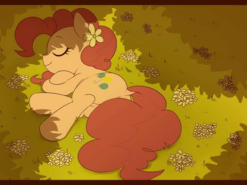 Size: 1024x768 | Tagged: safe, artist:umeguru, derpibooru import, pinkie pie, earth pony, pony, dock, eyes closed, female, flower, flower in hair, grass, mare, shade, sleeping, smiling, solo, strategically covered, tail censor