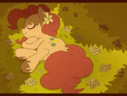 Size: 1024x768 | Tagged: safe, artist:umeguru, derpibooru import, pinkie pie, earth pony, pony, dock, eyes closed, female, flower, flower in hair, grass, mare, shade, sleeping, smiling, solo, strategically covered, tail censor