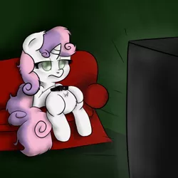 Size: 894x894 | Tagged: artist:ponkopudding, artist:schizophrenicghost, derpibooru import, remote, safe, sitting, solo, sweetie belle, television