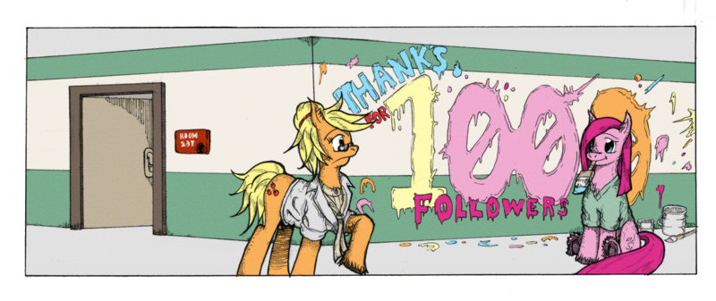 Size: 1280x539 | Tagged: 1000 followers, applejack, artist:dreamingnoctis, ask asylum twilight, asylum, derpibooru import, followers, graffiti, milestone, mouth hold, paint, paintbrush, pinkie pie, safe, thanks, tumblr, unshorn fetlocks