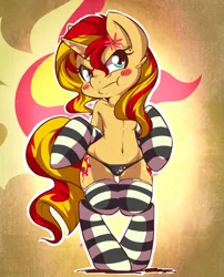 Size: 1213x1500 | Tagged: dead source, suggestive, artist:rainbowscreen, derpibooru import, sunset shimmer, pony, unicorn, angry, belly button, bipedal, blushing, clothes, female, heart, heart print underwear, panties, sexy, sinfully sexy, socks, solo, solo female, stockings, striped socks, tsundere, tsunset shimmer, underwear