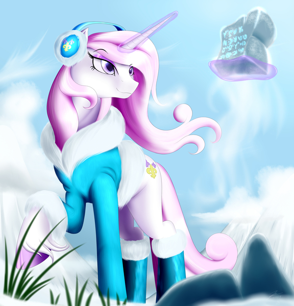 Size: 3500x3648 | Tagged: artist:bludraconoid, derpibooru import, earmuffs, fleur-de-lis, glowing horn, magic, safe, solo, telekinesis, unshorn fetlocks, winter outfit