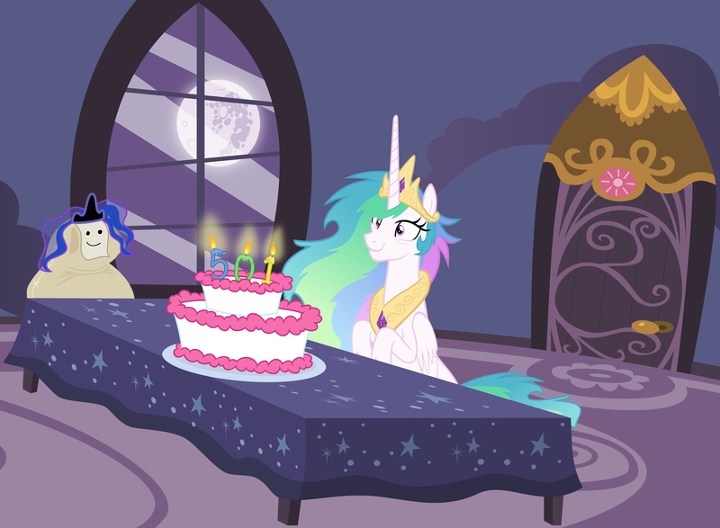 Size: 6000x4400 | Tagged: safe, artist:magister39, derpibooru import, princess celestia, alicorn, pony, absurd resolution, cake, cakelestia, female, flour, flour sack, fridge horror, mare, mare in the moon, messy mane, moon, sad, smiling, snaplestia, solo, the implications are horrible