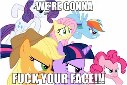 Size: 1280x860 | Tagged: a canterlot wedding, applejack, derpibooru import, dragonball z abridged, edit, fluttershy, group, image macro, mane six, meme, pinkie pie, rainbow dash, rarity, suggestive, team four star, twilight sparkle, vulgar