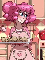 Size: 1200x1600 | Tagged: alternate hairstyle, artist:nyako-shoyu, derpibooru import, human, humanized, kitchen, muffin, pinkie pie, safe, smiling, solo