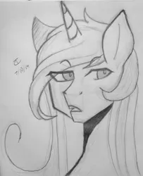 Size: 721x890 | Tagged: safe, artist:chatooka, artist:chatookamusicmod, derpibooru import, trixie, pony, unicorn, alternate hairstyle, asksketchytrixie, female, mare, monochrome, solo, traditional art